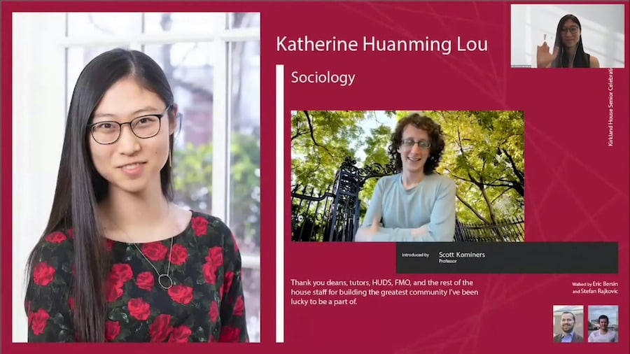 Screenshot of Katherine Lou graduation slide with video introduction and live reaction.