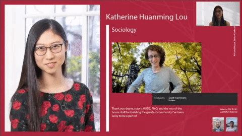 Screen recording of Katherine Lou graduation slide with video introduction and live reaction